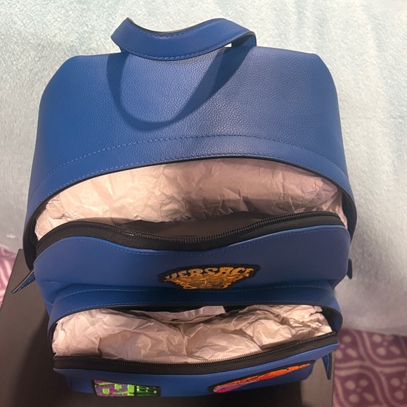 NEW UNUSED Versace Sapphrie Blue Backpack with Vibrant Embellishment Patches